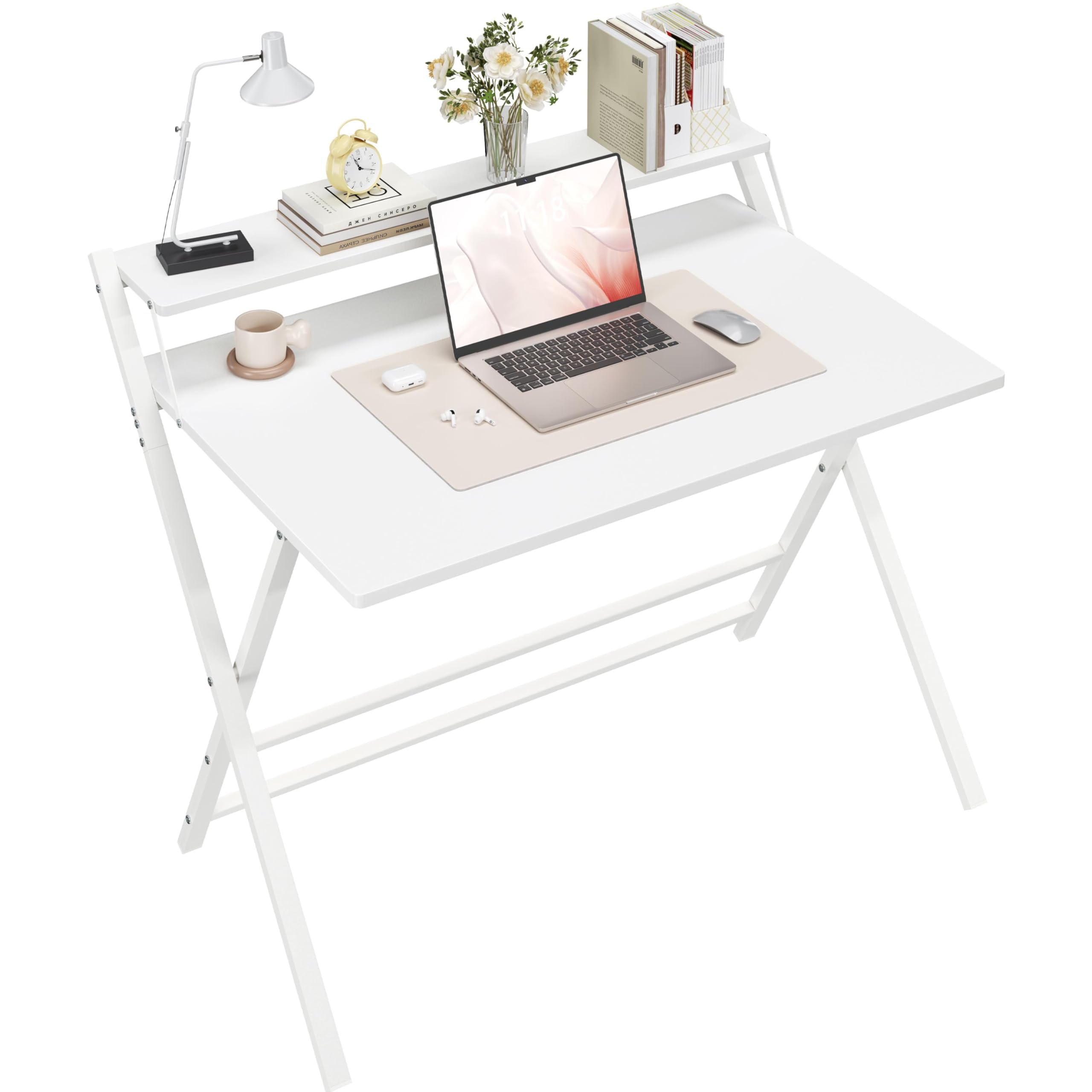Yaheetech Foldable Desk with Monitor Stand,100 cm Computer Desk for Small Spaces,2-Tier Folding Table for Home, Office, School, Dormitory,Easy Assembly(White) โ image 1