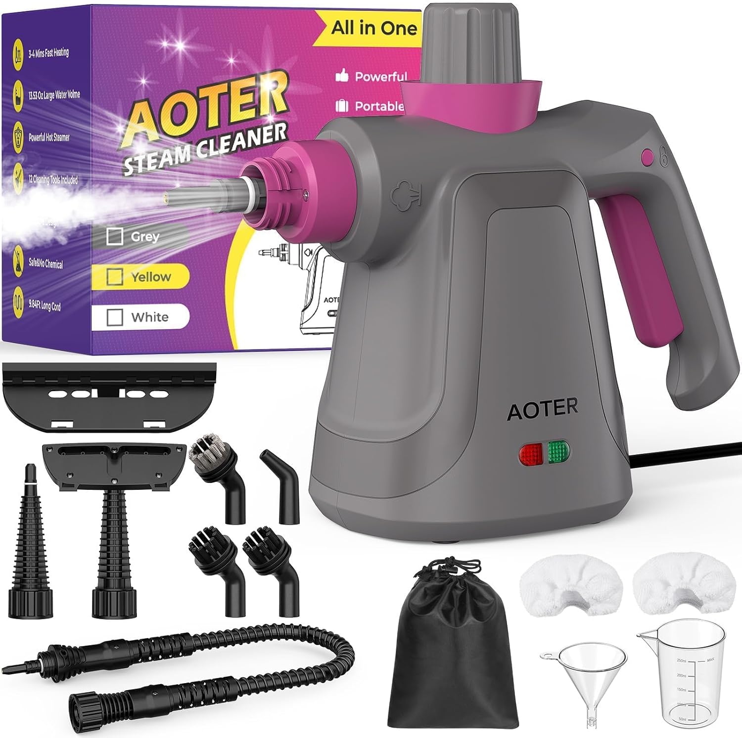aoterp handheld steam cleaner, powerful multi-surface steam cleaner for home, multipurpose cleaning steamer for tile, windows, bathroom, with 12pcs accessories (grey)