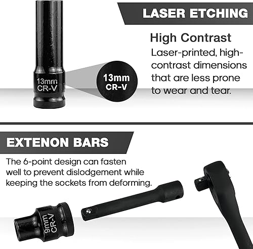 Miniatura 6 de Juego de 33 piezas de 12 pulgada de vasos de impacto (8-22mm), juego de vasos métricos, acero Cr-V, vasos profundos y poco profundos de 6 puntas,