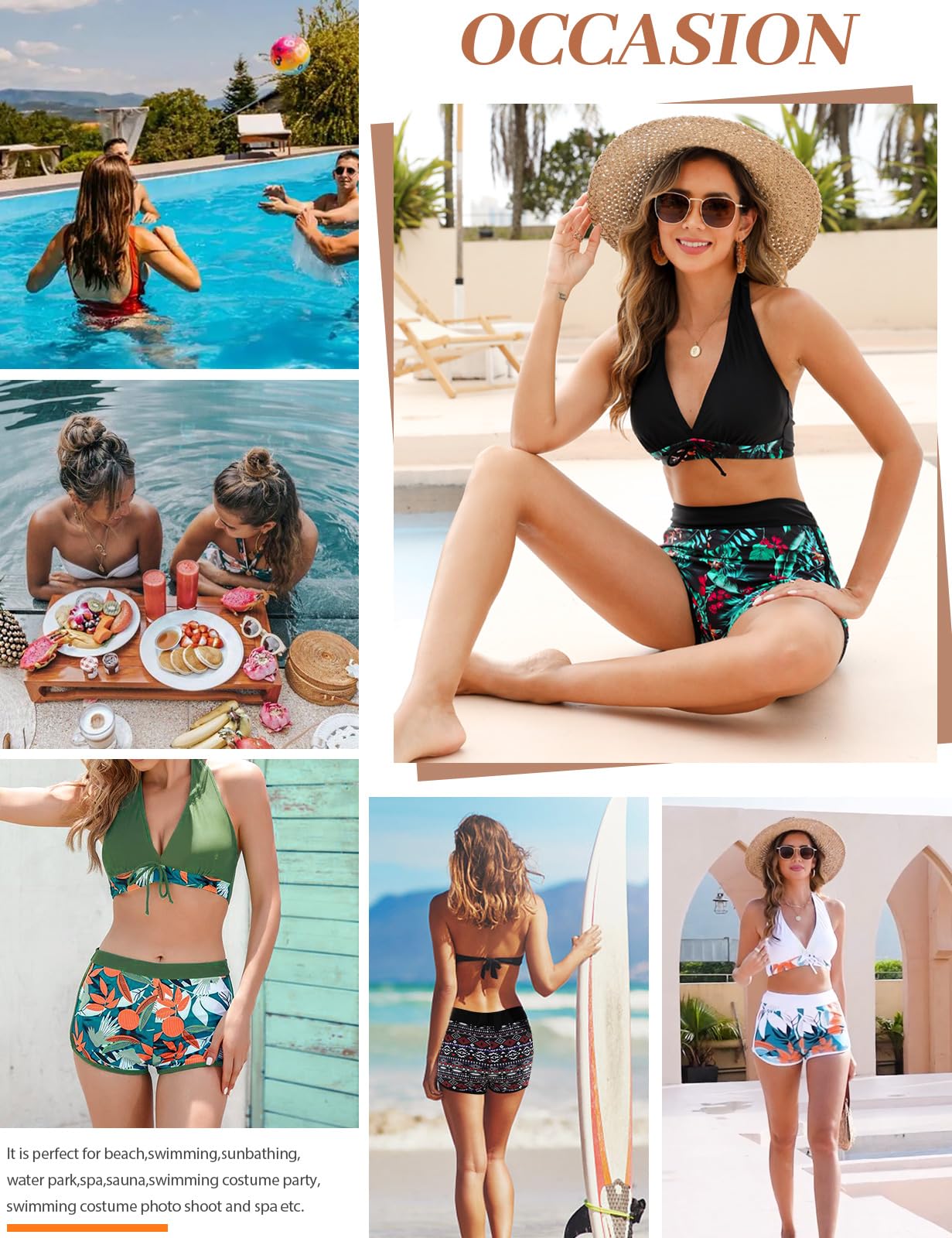 Tuopuda Damskie dwuczęściowe zestawy bikini z głębokim dekoltem w serek, strój kąpielowy z wysokim stanem, kontrola brzucha, top z szortami, kostium kąpielowy