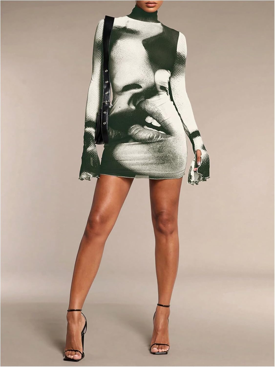 GORGLITTER Women's Mesh Y2K Rave Vegas Going Out Dress Outfits Long Sleeve Club Turtleneck Neck Newspaper Mini Dresses - Image 5