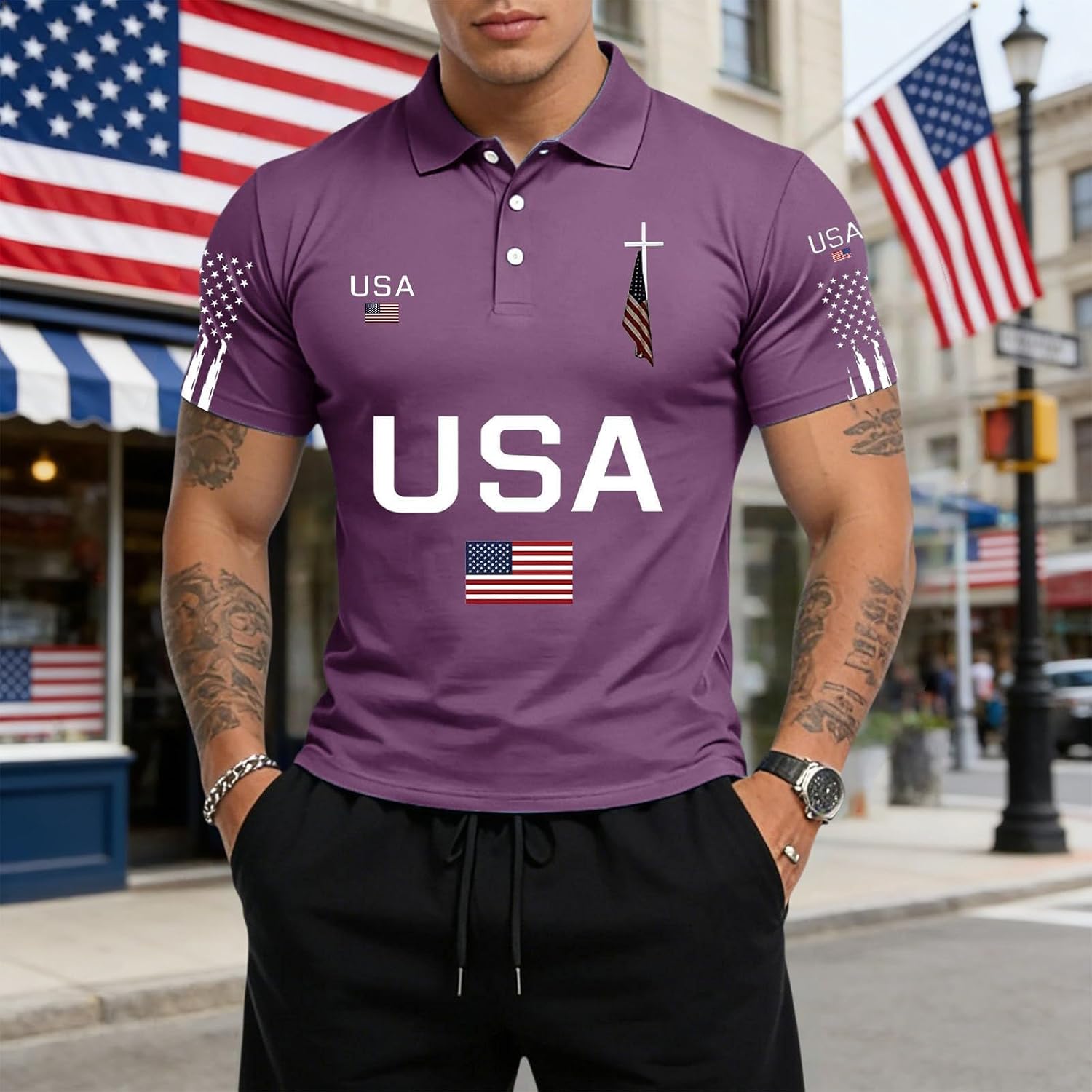 4th of July Polo Shirts for Men Plus Size USA Patriotic Golf Tshirt Christian Jesus Faith Top American Flag Cross Tee