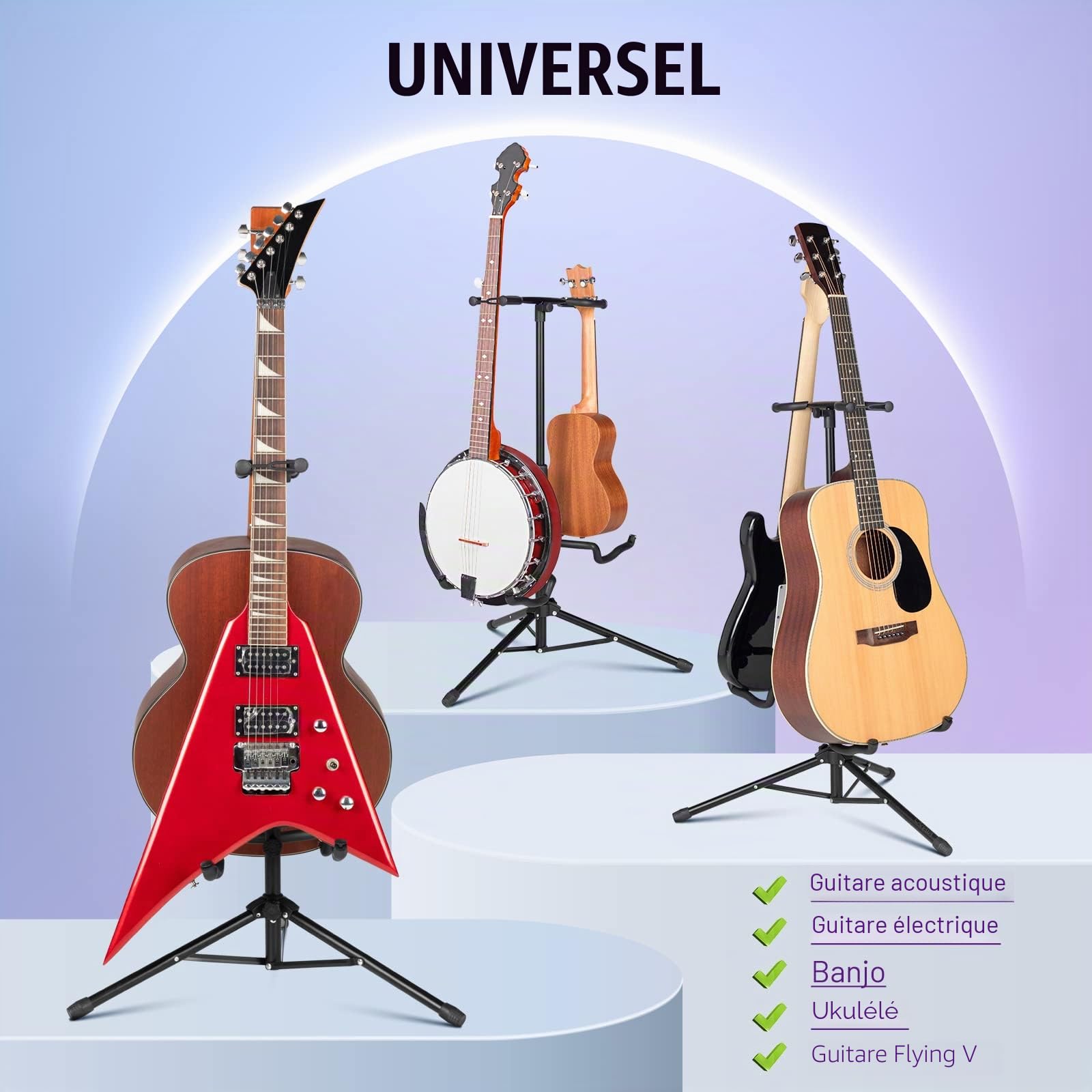 CAHAYA CY0321 Support de guitare avec 2 supports de cou pliable en métal universel pour guitares acoustiques électriques ukulélé, violon, banjo, mandoline
