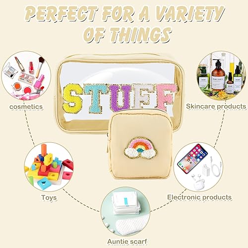 Miniatura 6 de Bolsa de maquillaje transparente con letras de chenilla, de nailon, bolsa de cosméticos con cremallera, bolsa grande de maquillaje de viaje