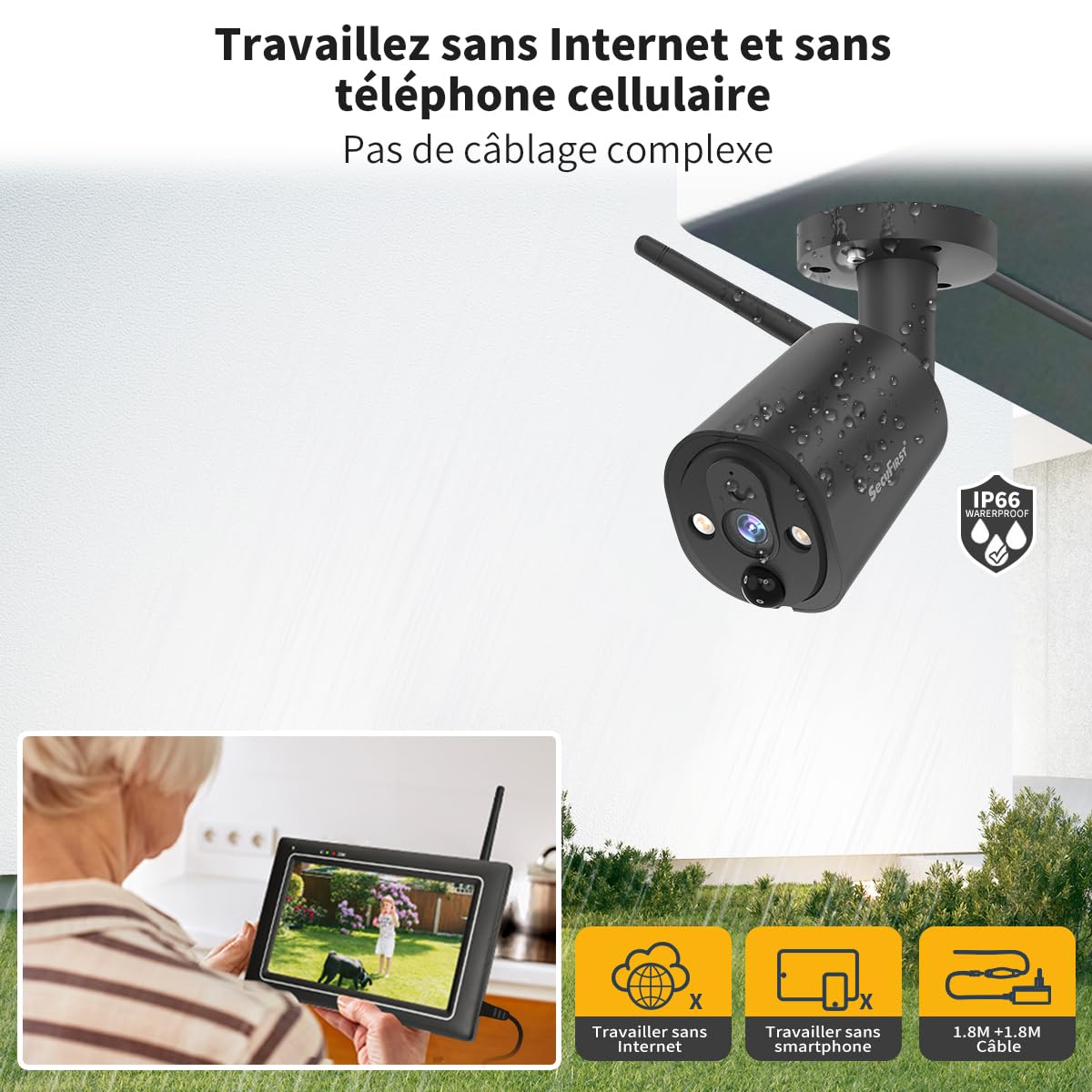 SecuFirst 2K Kit Caméra de Surveillance Extérieure sans Fil avec Moniteur | NVR Écran Tactile 7"+ 4X Vidéo Camera Bebe Travailler sans WiFi,Interphone/Lecture d’Enregistrements Via Moniteur et App