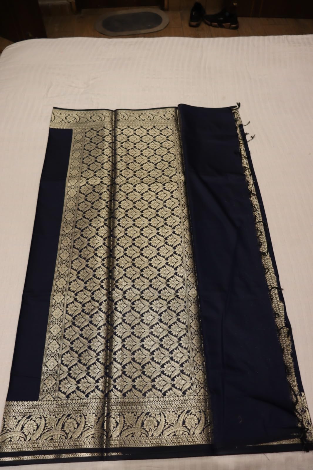 UtkrishtIndia Banarasi Cotton Saree with Rich Zari Border, Comfortable Blended Cotton, Easy to Drape, Navy Blue, Standard 1