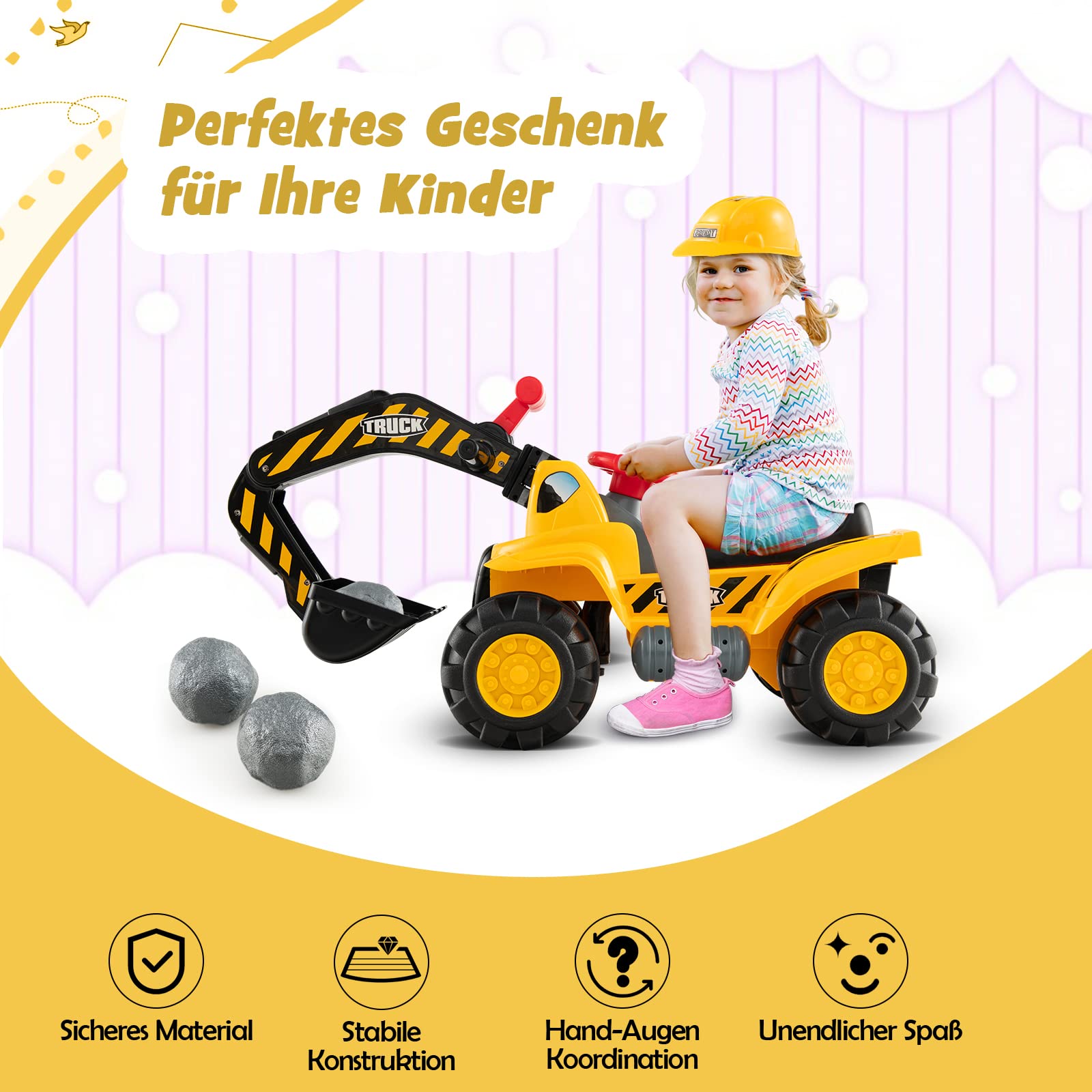 DREAMADE Bagger zum draufsitzen, Sitzbagger mit Schaufel & Helm & 3 Spiel-Steine, Aufsitzbagger mit Hupe & Stauraum, Sandbagger Rutscher Rutscherfahrzeug für Kinder ab 3 Jahren