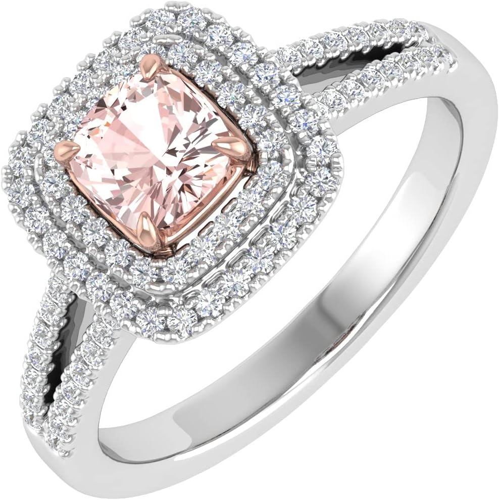 0.79 Carat White Natural Diamond and Cushion Shaped Morganite Color Stone Engagement Ring in 14K Gold (SI1-SI2 Clarity)