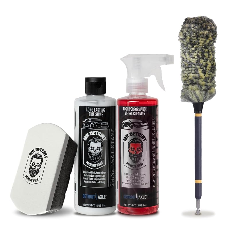 Kit de Cuidados para Rodas e Pneus Detroit Axle Mr. Detroit com Limpador, Brilho para Pneus, Escova para Furadeira e Aplicador, 4 peças
