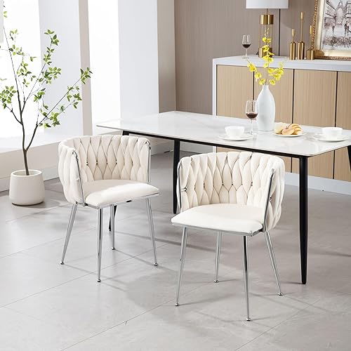 Miniatura 15 de Juego de 2 sillas de comedor de terciopelo, sillas tapizadas tejidas para sala de estar, sillas modernas de cocina y comedor, sillas decorativas de