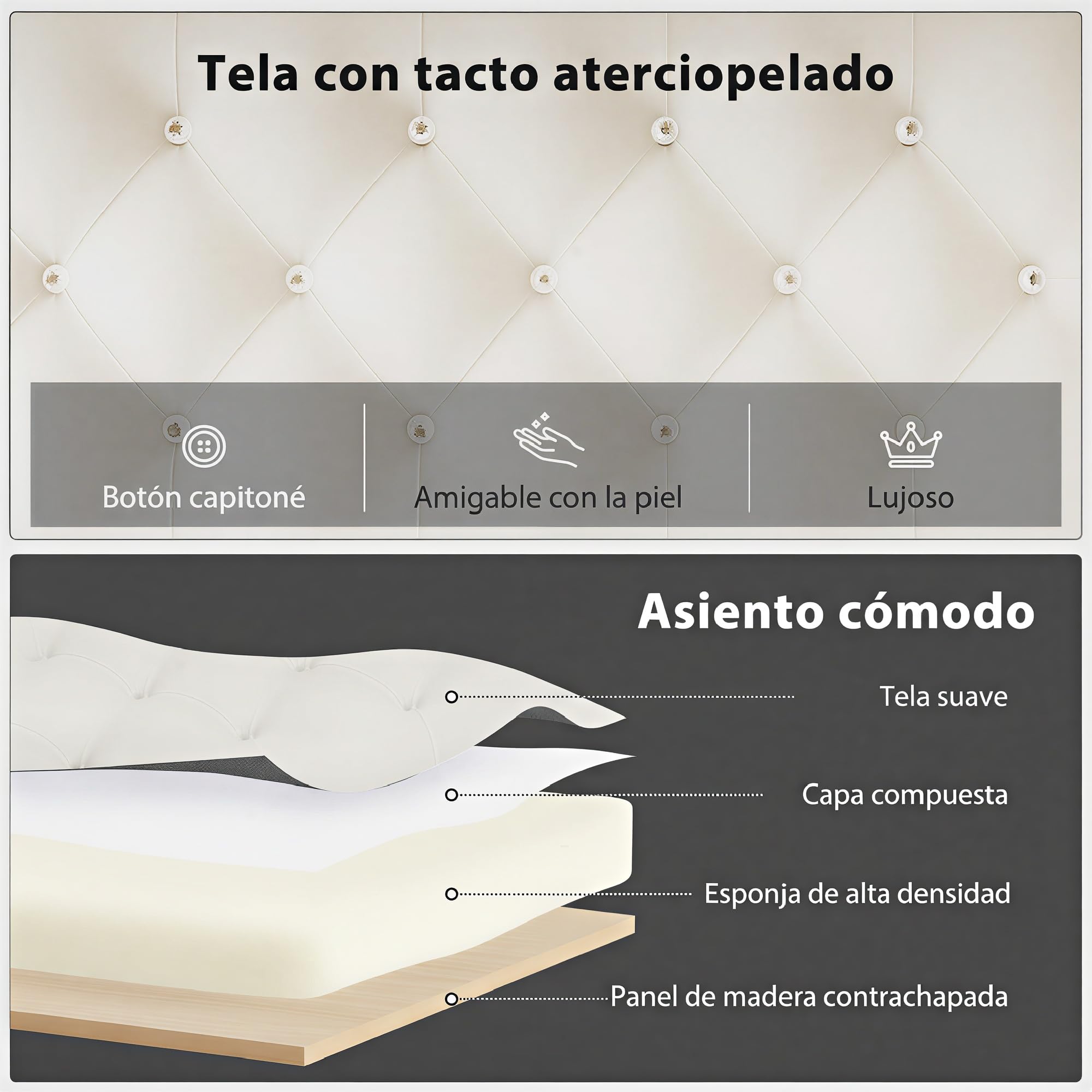 HOMCOM Banco Pie de Cama, Tapizado en Terciopelo, Banqueta para Dormitorio, Diseño Capitoné, Base de Metal, Banco para Dormitorio, Entrada, Salón, Recibidor, Crema