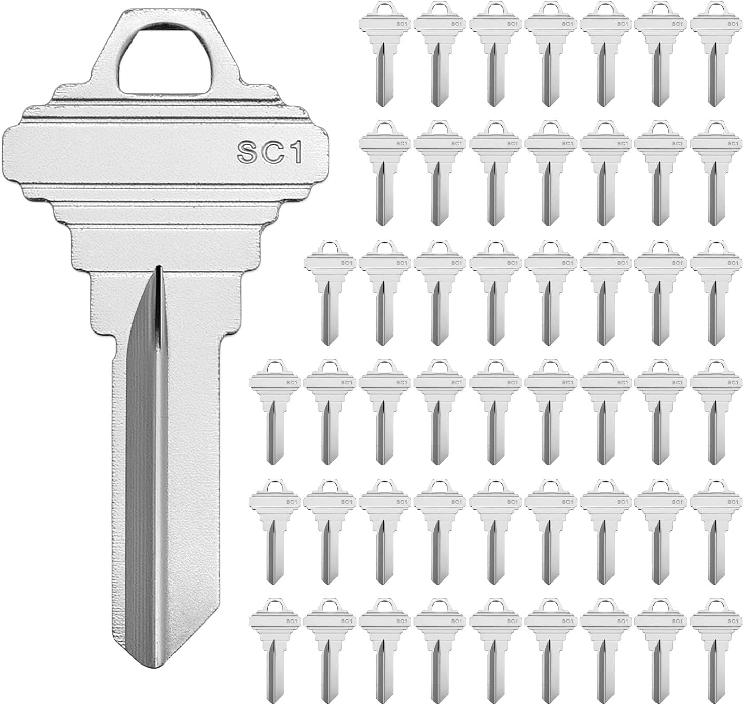 QWORK SC1 Key Blanks, 50 Pcs Heavy-Duty Brass Uncut Keys Compatible with 5-Pin Locks, Nickel-Plated Spare Keys for Locksmiths & Key Cutting