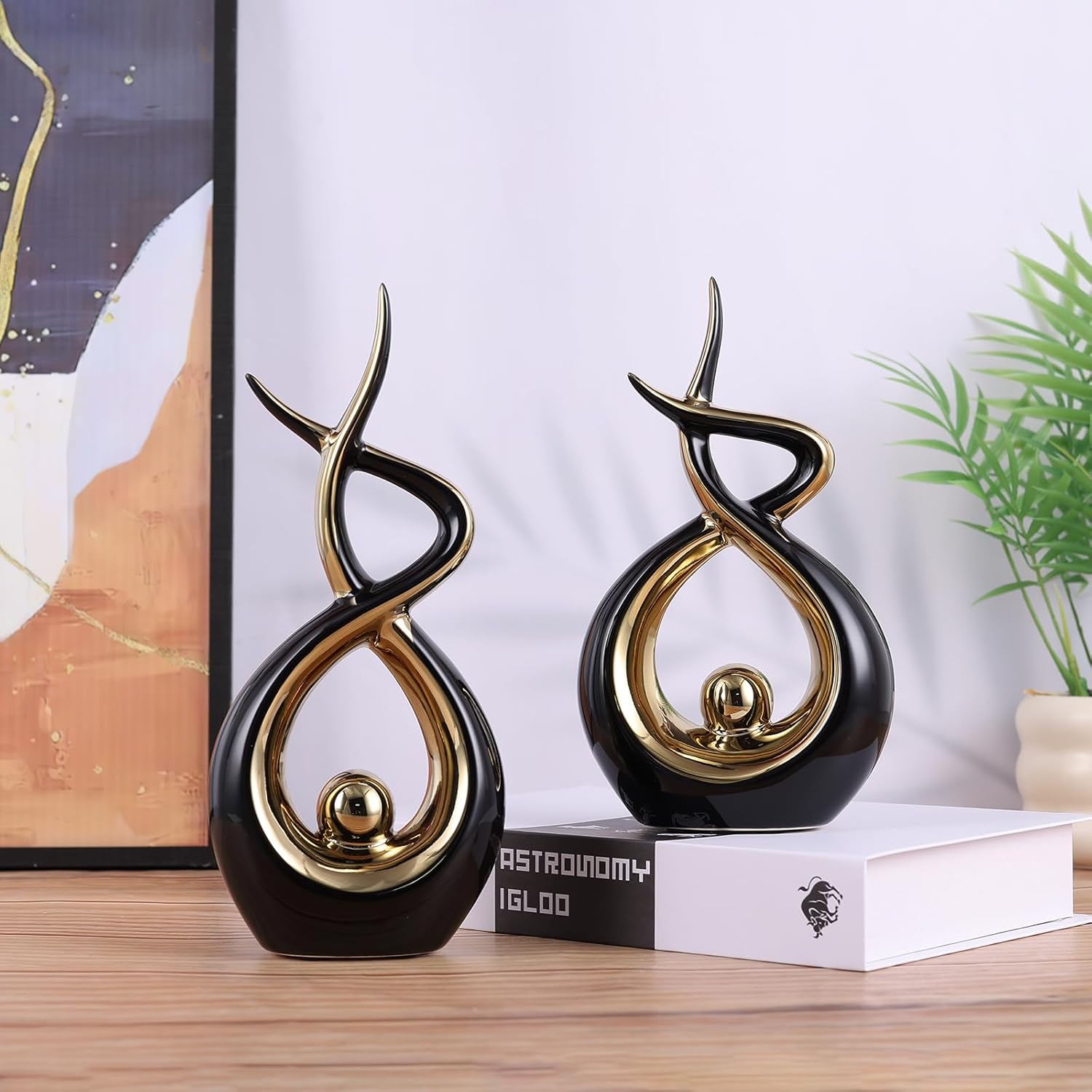 Gold Black Abstract Ceramic Modern Sculpture, Knick Knacks Statues for Living Room, Shelf, TV Stand, Coffee Table, Dining Room, Office, Bedroom, Home Decor, Centerpiece, Great Gift Idea