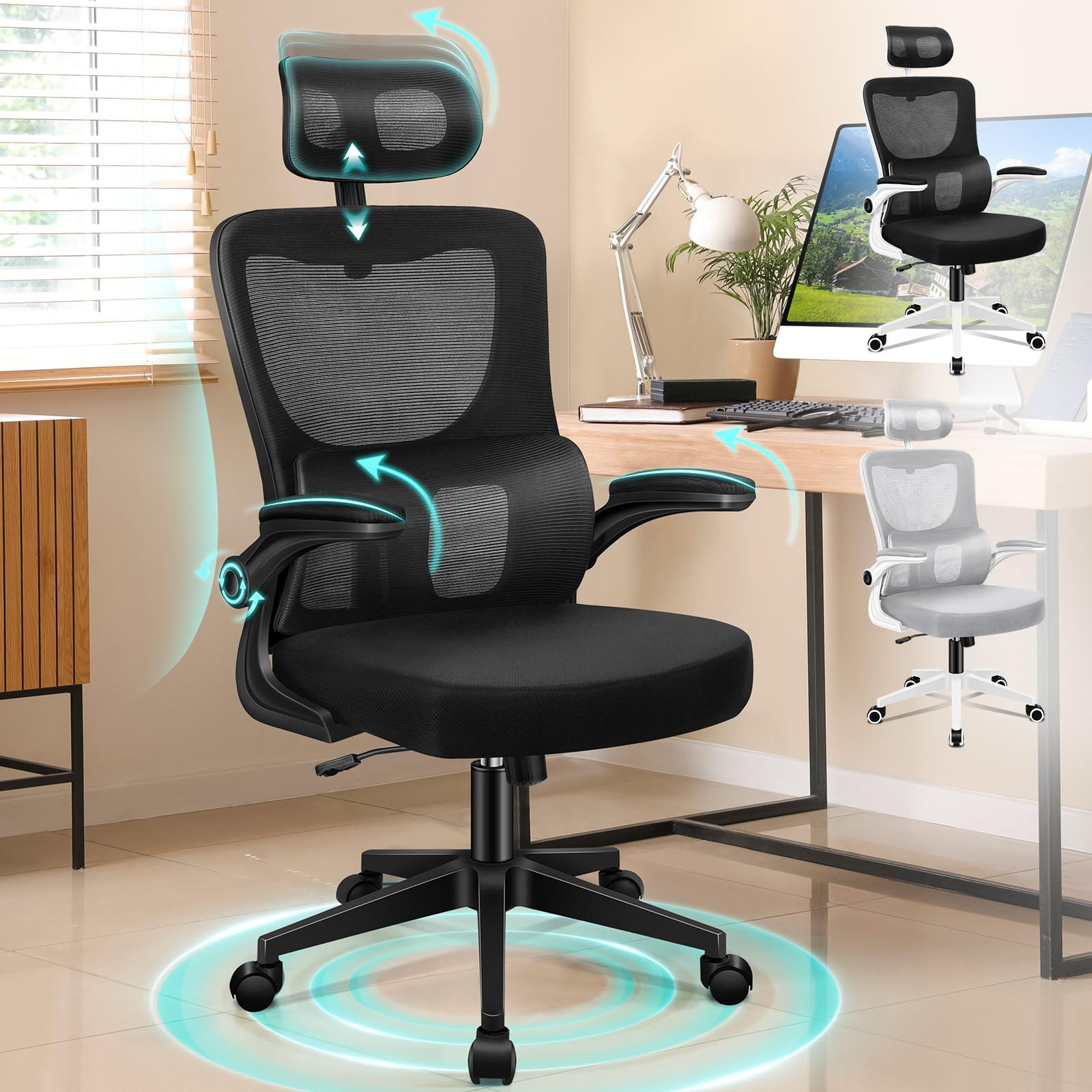 ALFORDSON Silla de Oficina Respaldo Alto, Reposacabezas Ajustable en Altura y Ángulo, Respaldo Ancho, Espuma de Alta Resistencia, Reposabrazos Abatibles, Giro 360°, 180kg, Nyles, Negro