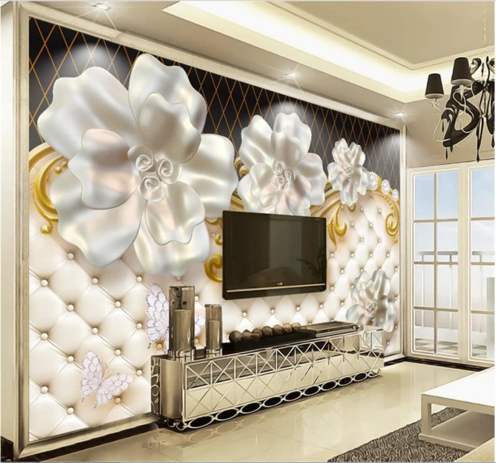 Wallpaper-3D-Xlm 200Cm×140Cm(B×H) Three Dimensional Jewellery Flowers Luxury Upholstered 3D Wallpaper Easy Install Feature Office Living Room Sofa Bedroom Tv Background Wall Decoration-200Cm×140Cm