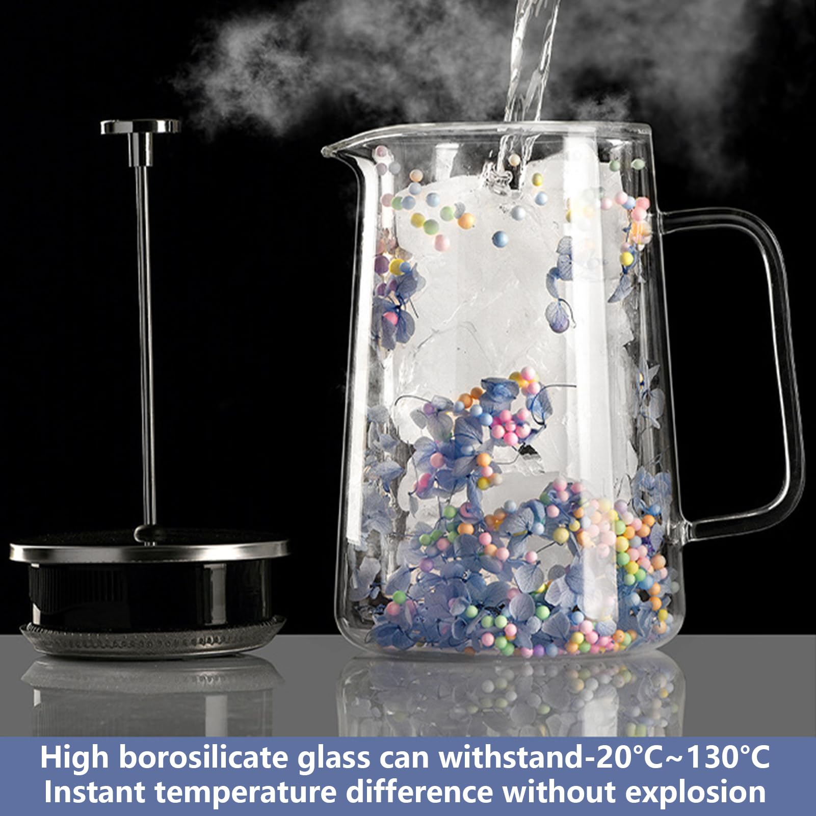 1L Français Presse Café En Verre Avec Décoration De Fleurs Séchées, French Press Cafetière À Piston En Verre Borosilicate Und Acier Inoxydable Pour Café Thé, Français Presse Café En Verre (C)