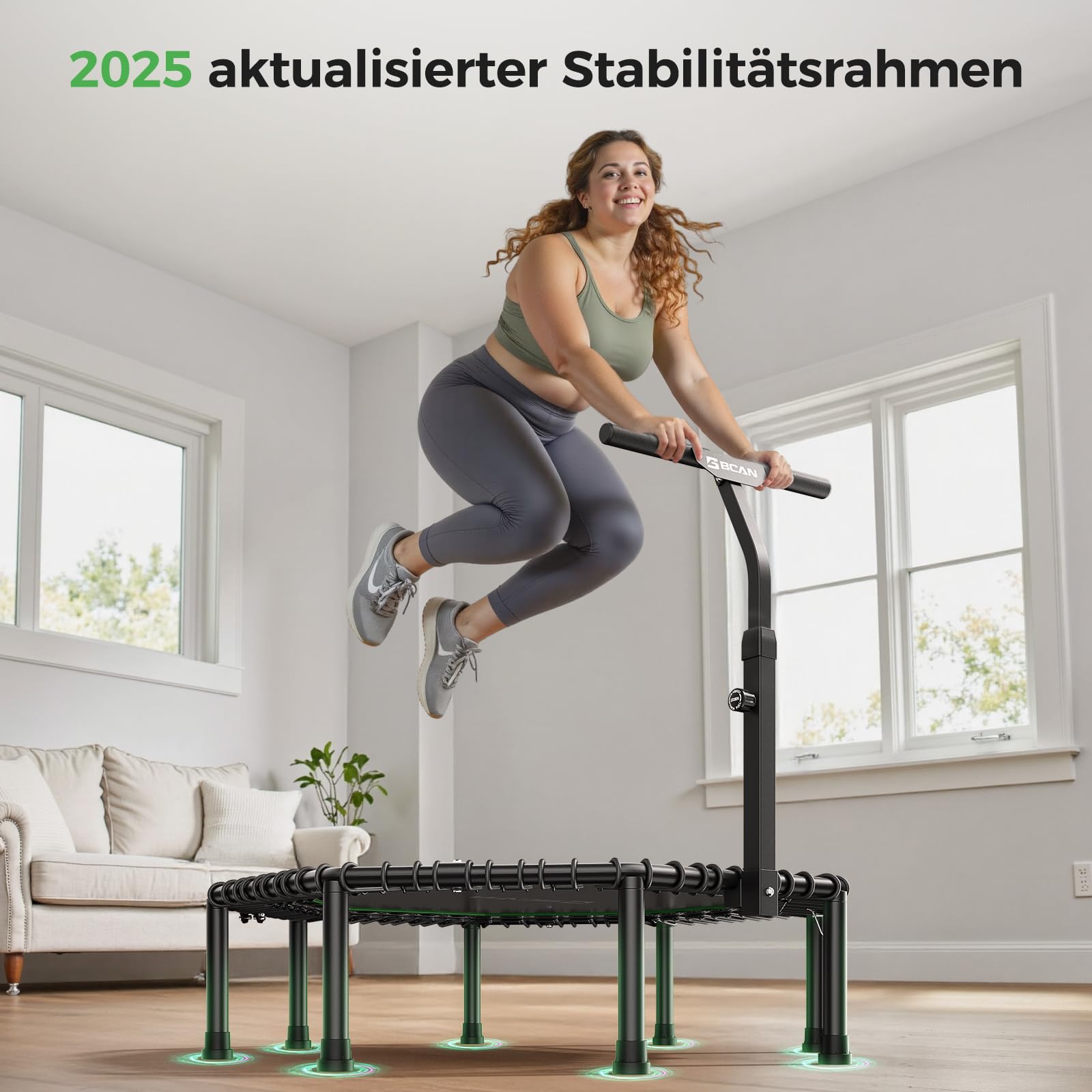 BCAN Achteckiges Indoor-Fitness-Trampolin, 130cm, Trampolin für Erwachsene bis 205 kg, mit verstellbarem T-Griff und großer Sprungfläche, stoßdämpfend und geräuscharm