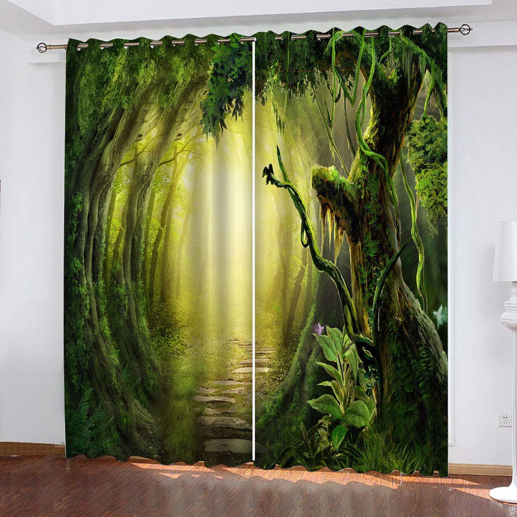 Cortinas Niño Niña Habitacion Opacas Con Ojales 2 Piezas 3D Sendero Del Bosque Verde Patrón 264X214Cm（An X Al）Cortinas Termicas Aislantes Frio Y Calor Salón Dormitorio Ventana Decoración Hogar