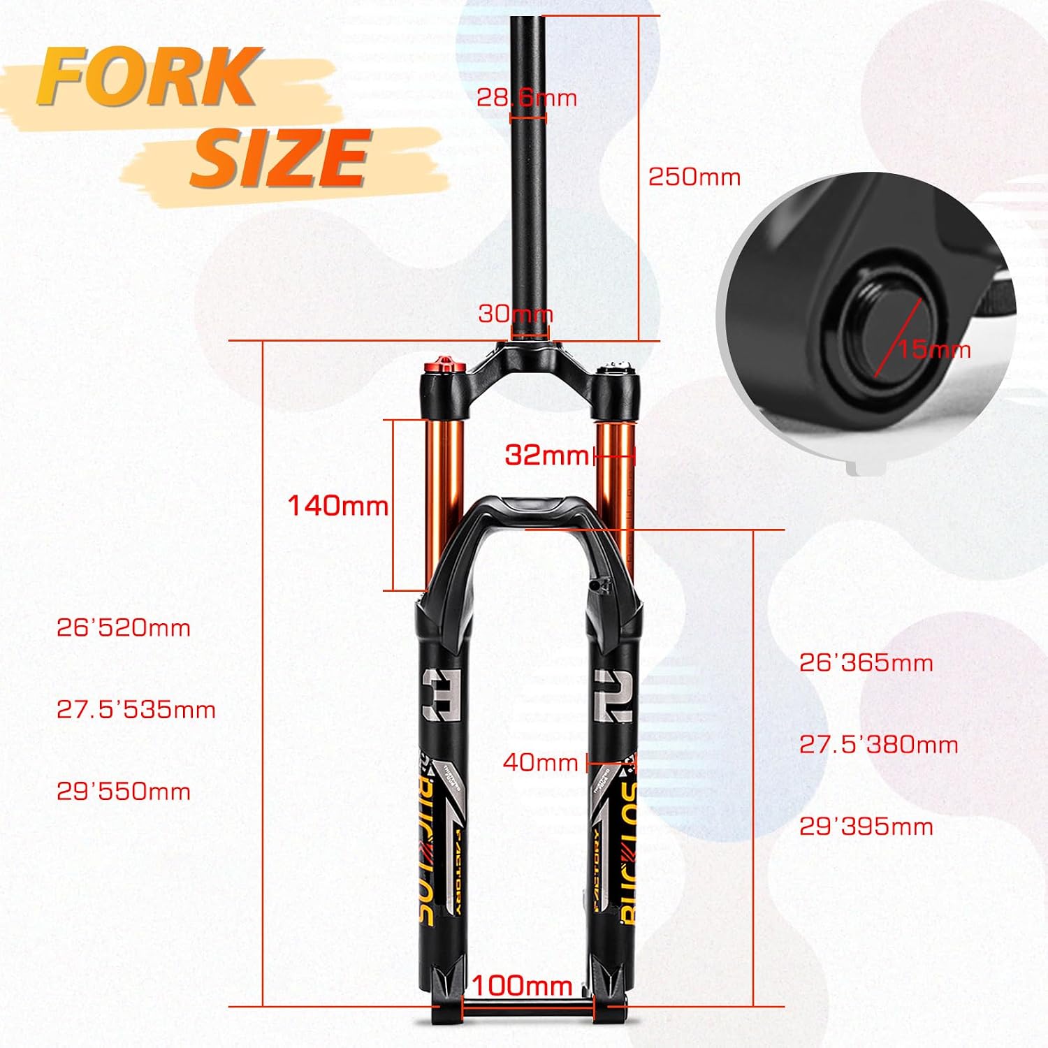BUCKLOS 26/27.5/29 inch MTB Fork 120mm Travel, 1-1/8" Straight/Tapered Mountain Bike Fork Rebound Adjust, 15mm×100mm Axle, Manual Lockout Air Shocks - Image 4