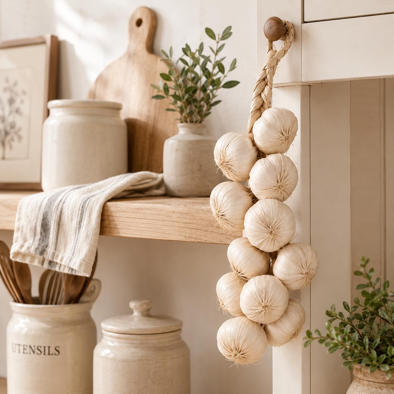 Artificial Garlic String, Lifelike Faux Garlic Decor for Farmhouse Kitchen