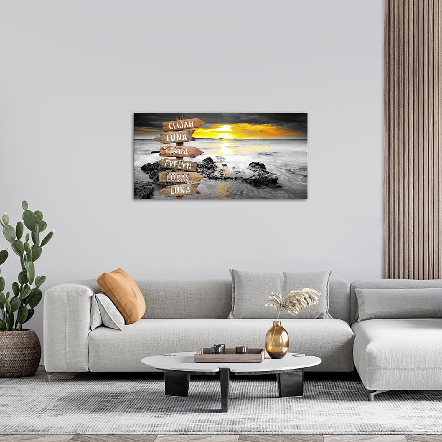 iLOOKLiKE Personalized Street Sign with Name Canvas Wall Art for Family Home Decor Custom Multi Names Beach Ocean Picture Print Black and White Gold Sunrise Painting Gifts from Kids Daughter Son