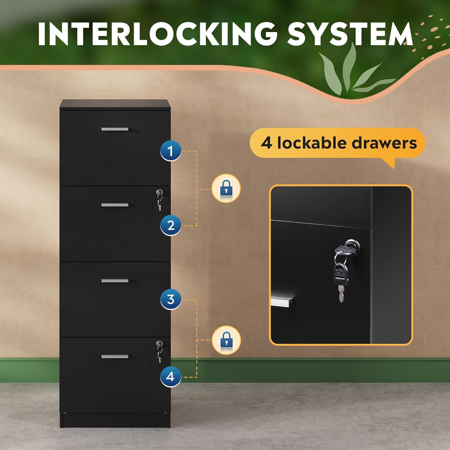 Diagram illustrating the interlocking system of the DEVAISE file cabinet, showing how two locks secure all four drawers.