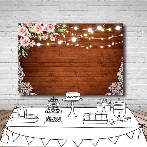 Miniatura 5 de MEHOFOTO Fondo rústico de 8 x 6 pies con encaje blanco rústico, flores rosadas, madera marrón oscuro, luces brillantes, fondo de fotografía floral,