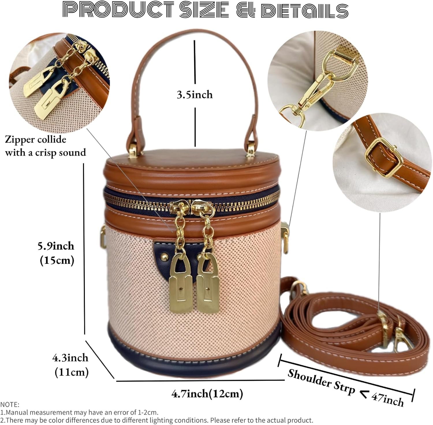 Retro Bucket Bag Color Contrast Cylinder Purse Senior Sense Style Single Shoulder Crossbody Handbag with Zipper - Image 4