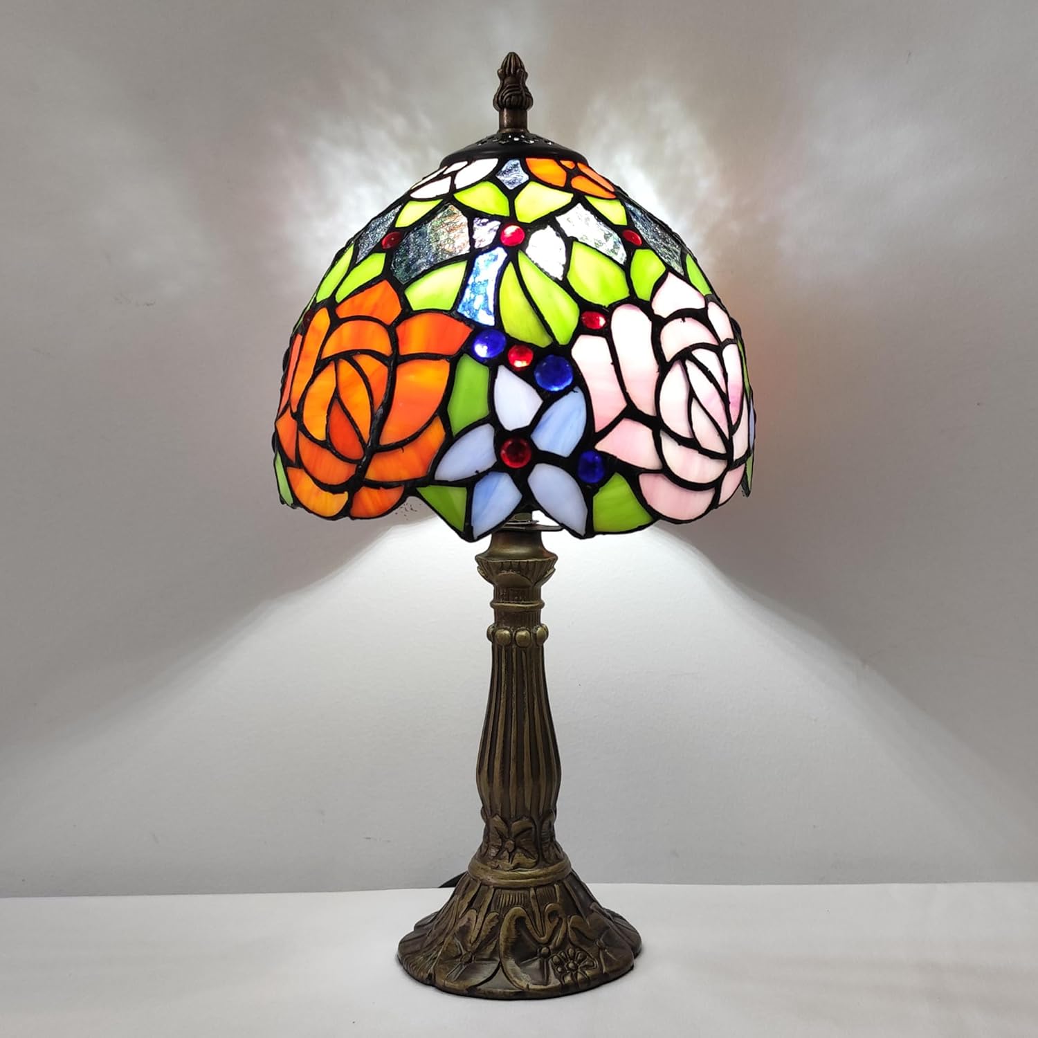 Small Tiffany Table Lamp 8 Inch Tiffany Style Desk Lamp Stained Glass Antique Light Decoration Bedroom Bedside Lamp Retro Reading Lamps (Yellow Pink Roses Style)