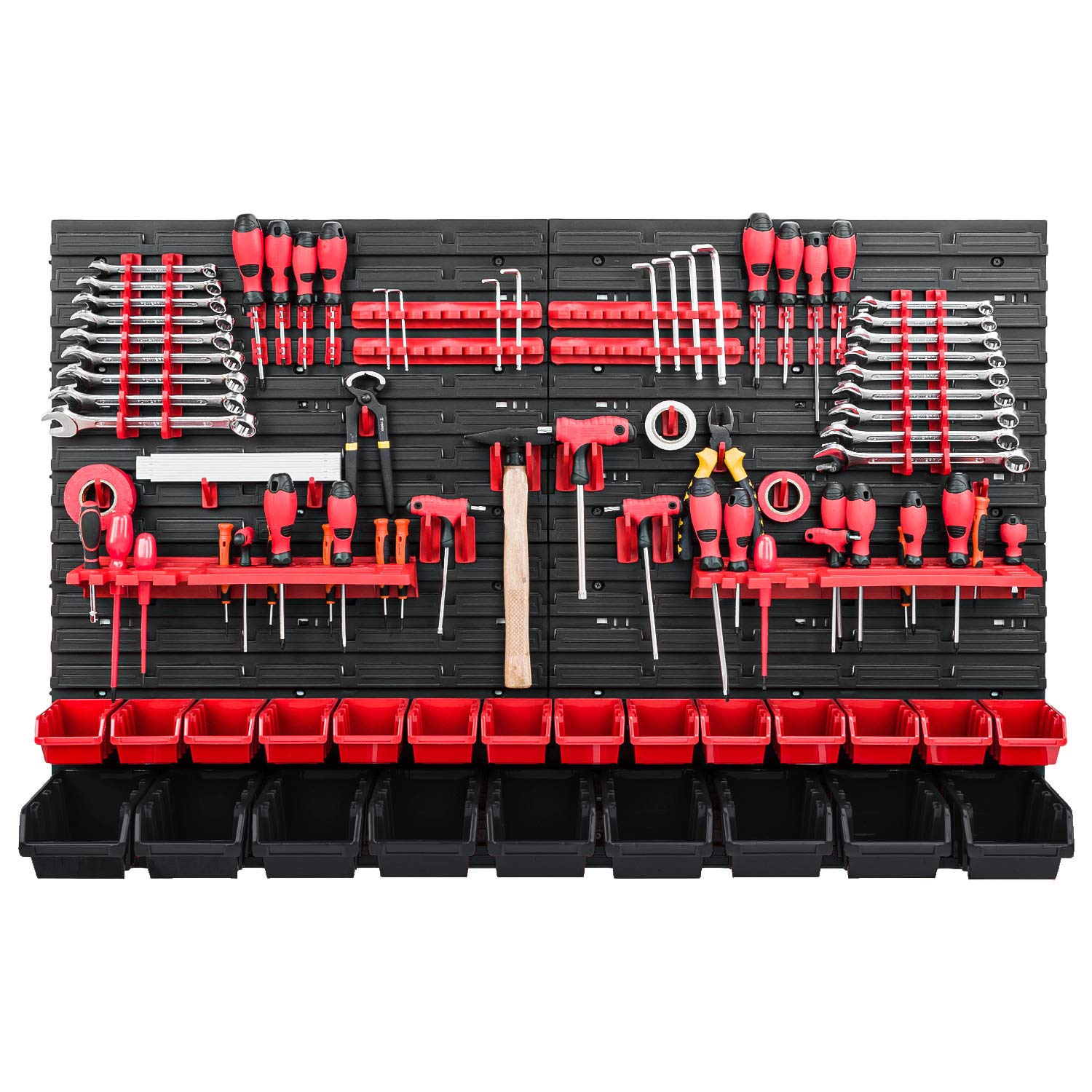 Paroi à outils, avec 23 boîtes de rangement rouges/noires, 1152 x 780 mm, système de rangement, kit de supports à outils, étagère murale, étagère d’atelier, paroi perforée, bacs à bec