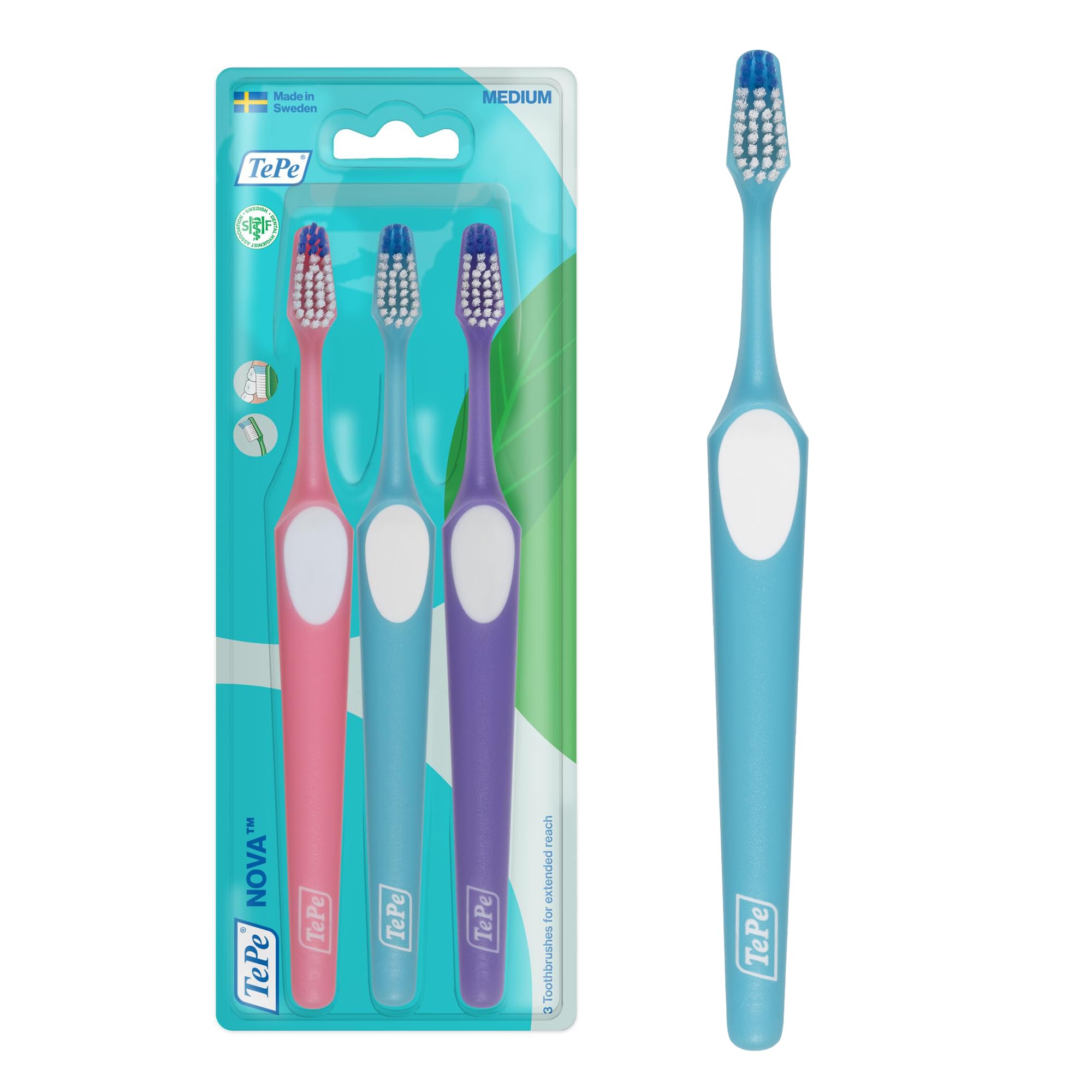 TePe Nova Toothbrush, Medium, Assorted Colours, 3pc, Longer tip for Improved Access to Back Teeth, Toothbrush Medium for Easy and efficient Plaque Removal
