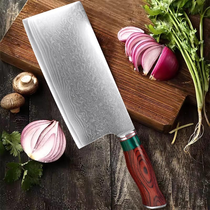 Meat Cleaver, 7 Inch Professional Cooking Damascus Steel Slicing Knife Wood Handle Cleaver Meat Fruit Kitchen Knives