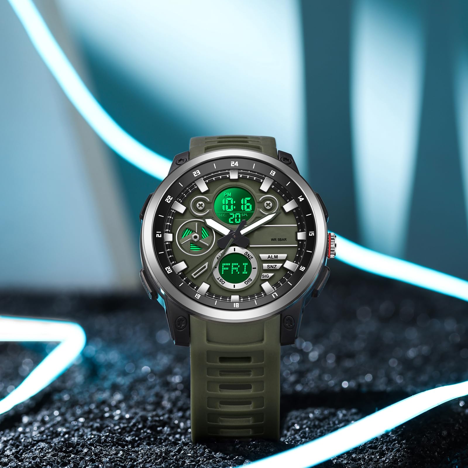 findtime Montre numérique étanche pour homme avec double fuseau horaire, alarme, chronomètre, analogique et numérique, pour garçons et adolescents