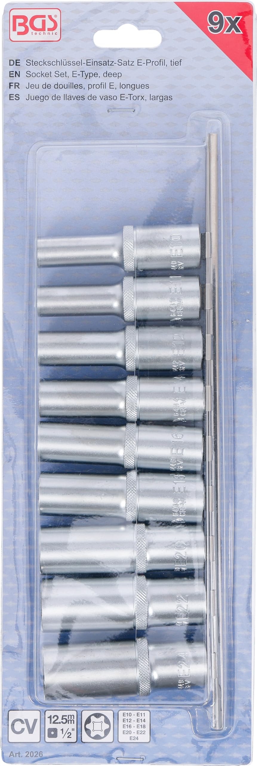 BGS 2026 | Juego de llaves de vaso E-Torx, largas | entrada 12,5 mm (1/2") | E10 - E24 | 9 piezas