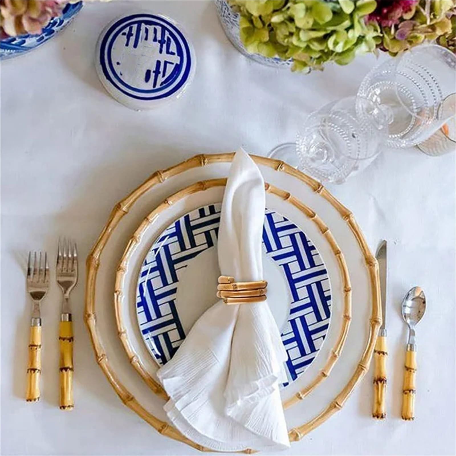 Lot de 12 ronds de serviette en bambou naturel rustique, décorations de table faites à la main