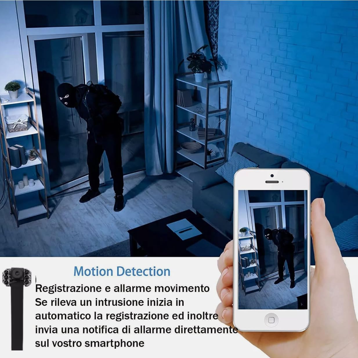 Mini Telecamera WiFi di Sorveglianza con Sensore di Movimento, Infrarossi con Batteria 4 ore, Controllo da Smartphone, Visione Notturna Microcamera 1080P