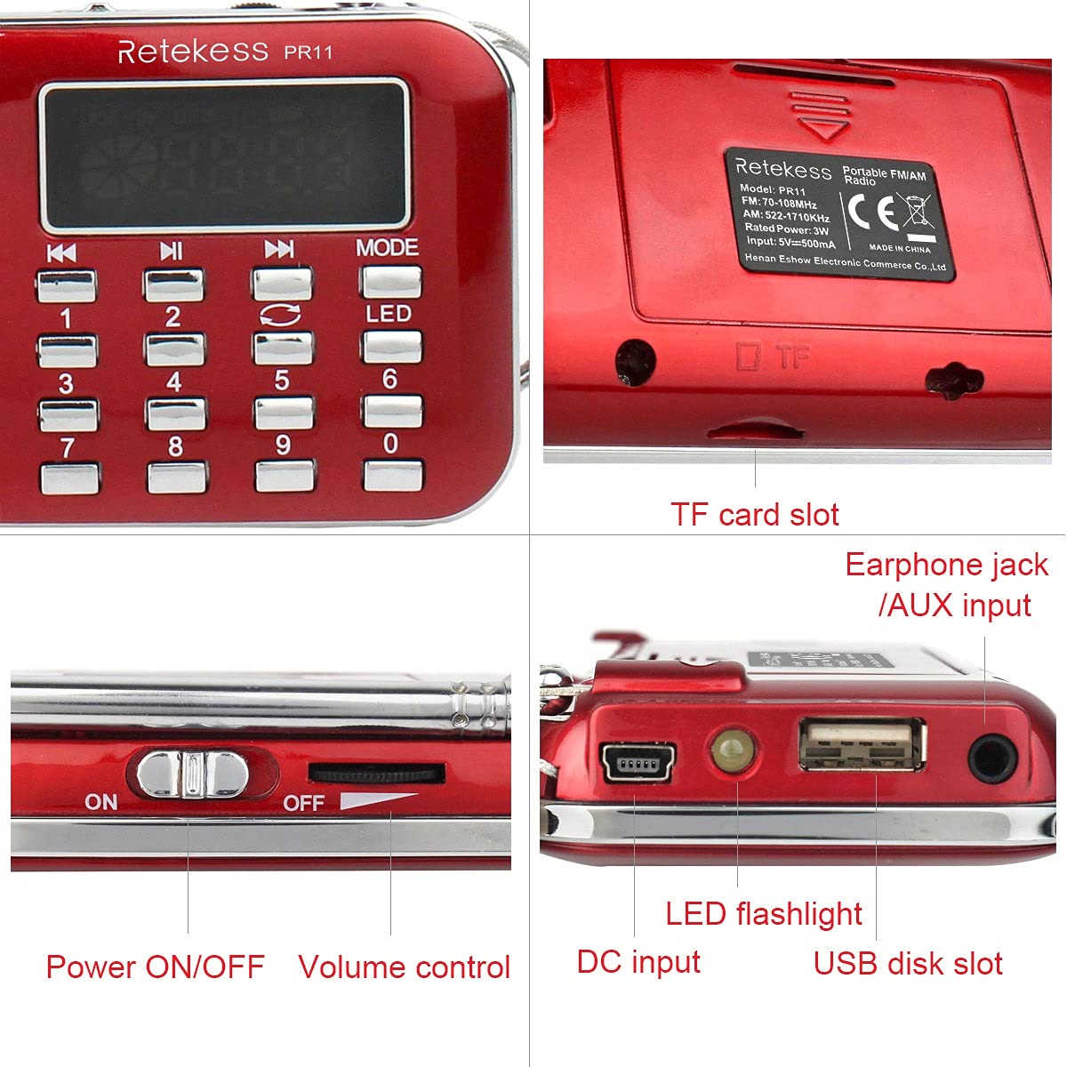 Radio portatil FM Am Bolsillo MP3 Jugador con Auriculares Jack Acoplado con batería Flash Linterna USB Recargable Auxiliar -En para Caminar Corriendo, Rojo.