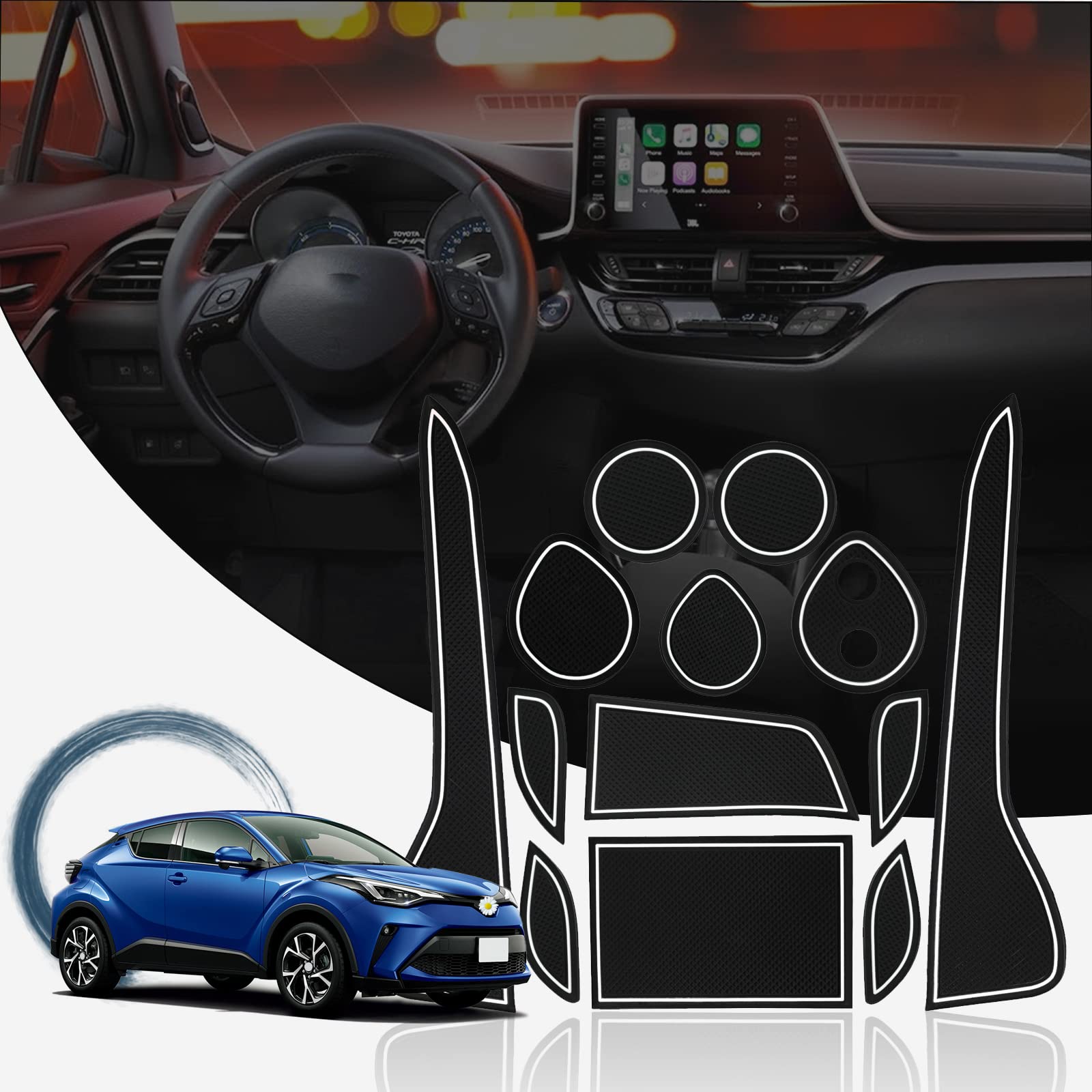 YEE PIN Set Tappetini Antiscivolo Per Toyota C-HR CHR 2016-2023 – Gomma Per Console Centrale, Portabicchieri E Vani Porta, Blu