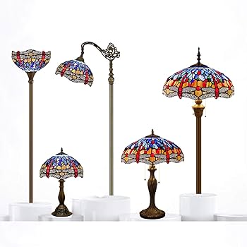 WERFACTORY Tiffany Lamp Blue Red Stained Glass Dragonfly