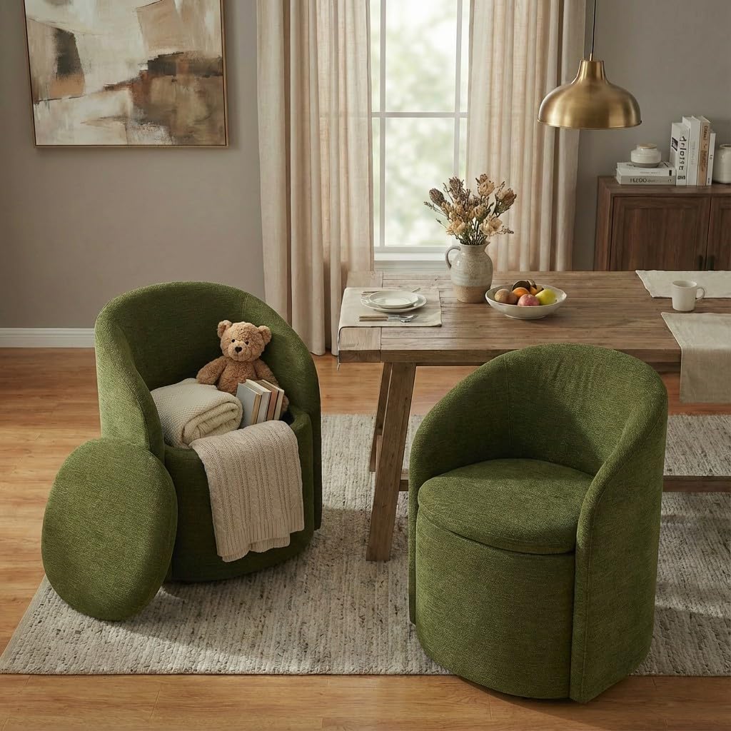View 1 of **ONLY 1**KISLOT Upholstered Dining Chairs with Casters, No Assembly Rolling Modern Dining Room Chairs with Hidden Storage & Barrel Backrest, Accent Chair for Bedroom, Living Room, Dressing, Green, Set of 2