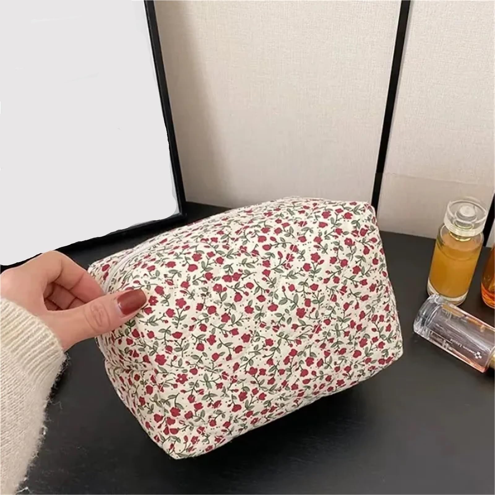 Bolsas de cosméticos Organizador Almacenamiento Bolsas Bolsa Maquillaje Acolchada y esponjosa con Estampado Flores Viaje Grande Accesorio for Guardar(Red)