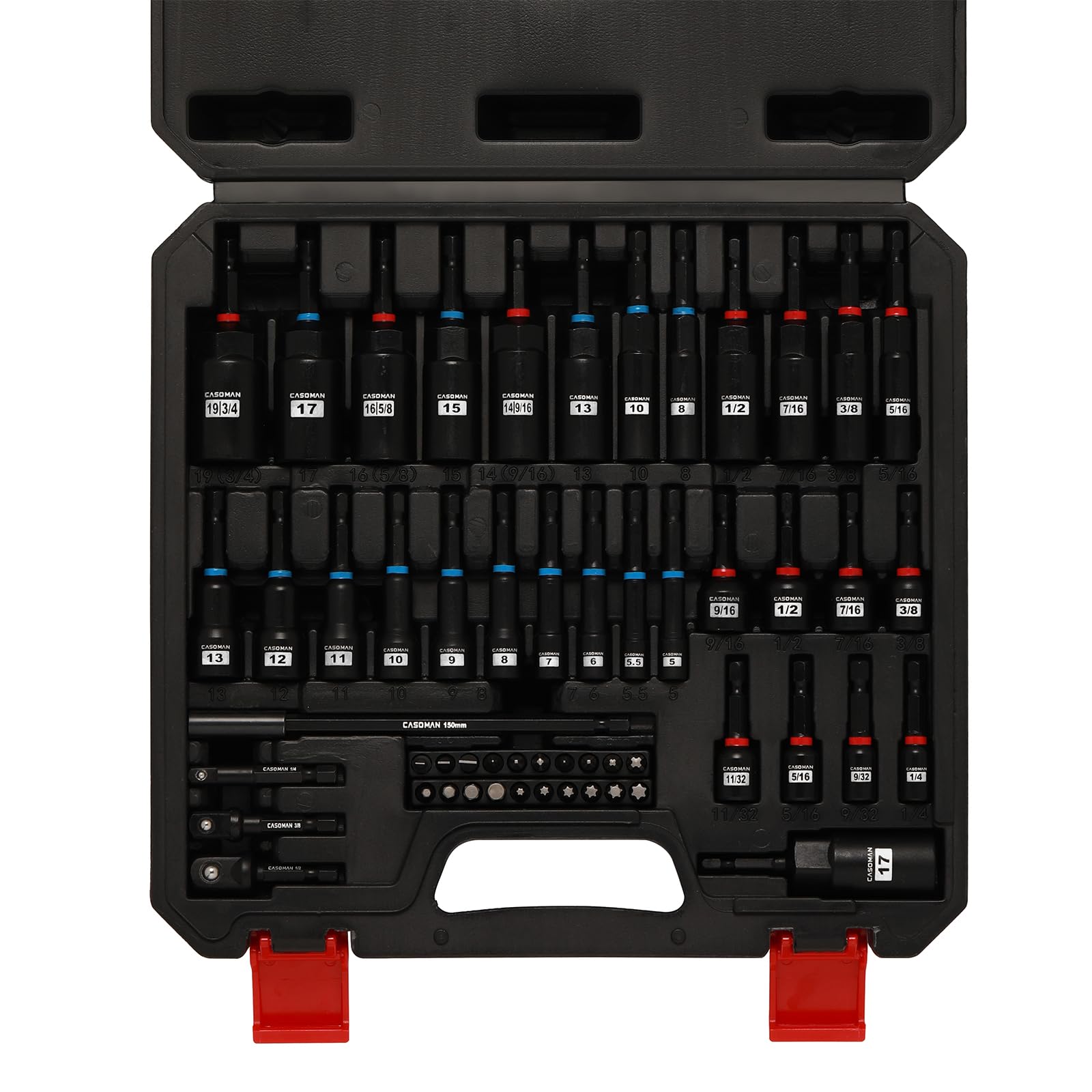 CASOMAN Set di 55 cacciaviti magnetici per trapano a percussione, profondi e bassi, metriche e SAE, include punte per cacciavite, barra di estensione per punte, adattatori per prese e driver per dadi