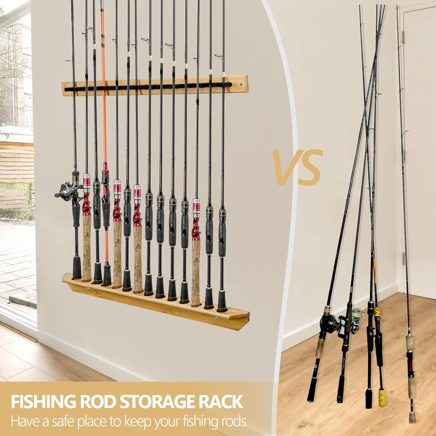 THKFISH Fishing Rod Racks Fishing Rod Holders for Garage Wood Fishing Pole Wall Rack Store 14 Fishing Rod Combos,1 Pair