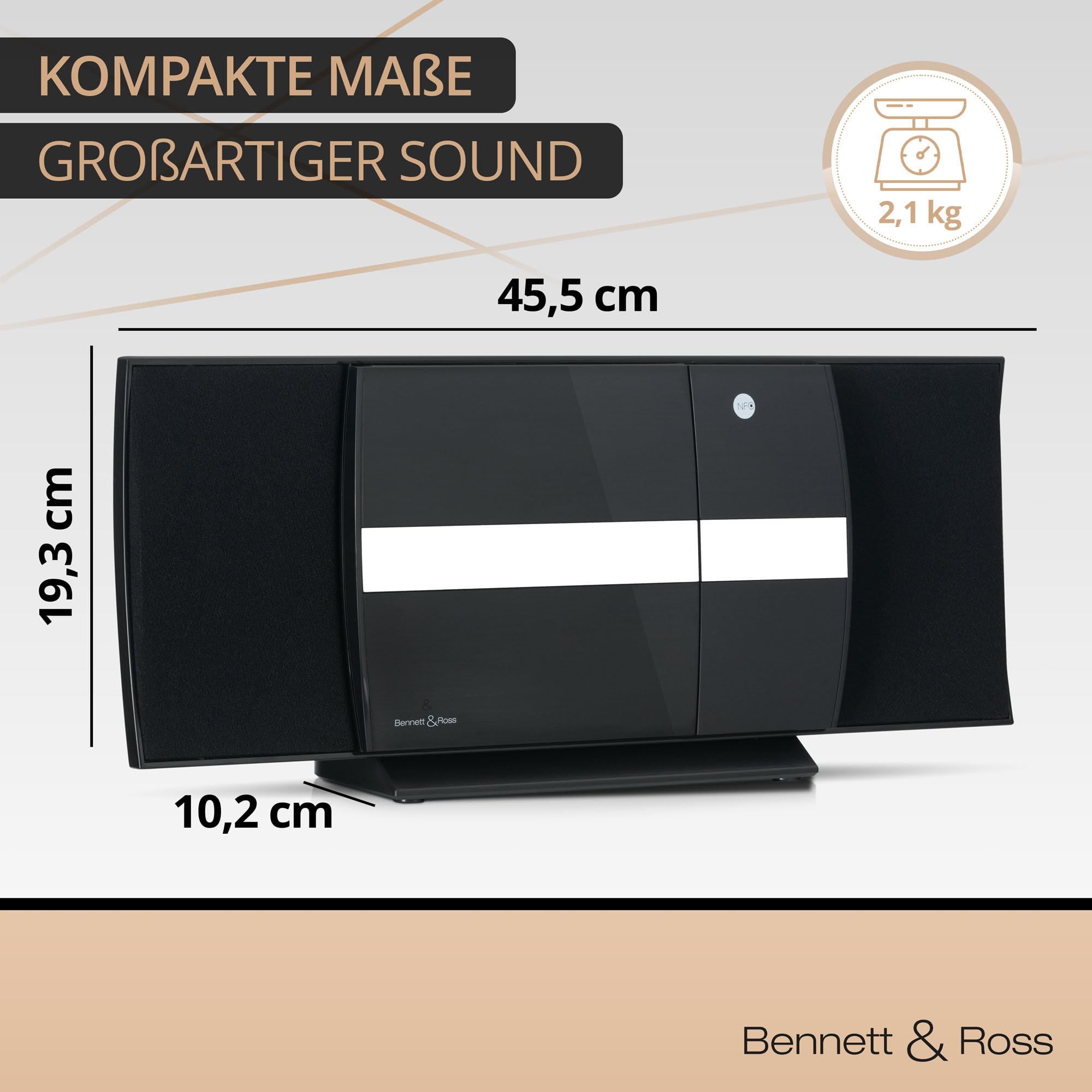 Bennett & Ross Ålesund Impianto stereo verticale - Microchaîne hi-fi avec lecteur CD, MP3, fonction UKW, USB et Bluetooth avec NFC - Installation sur pied ou murale - Telecomando incluso - Nero