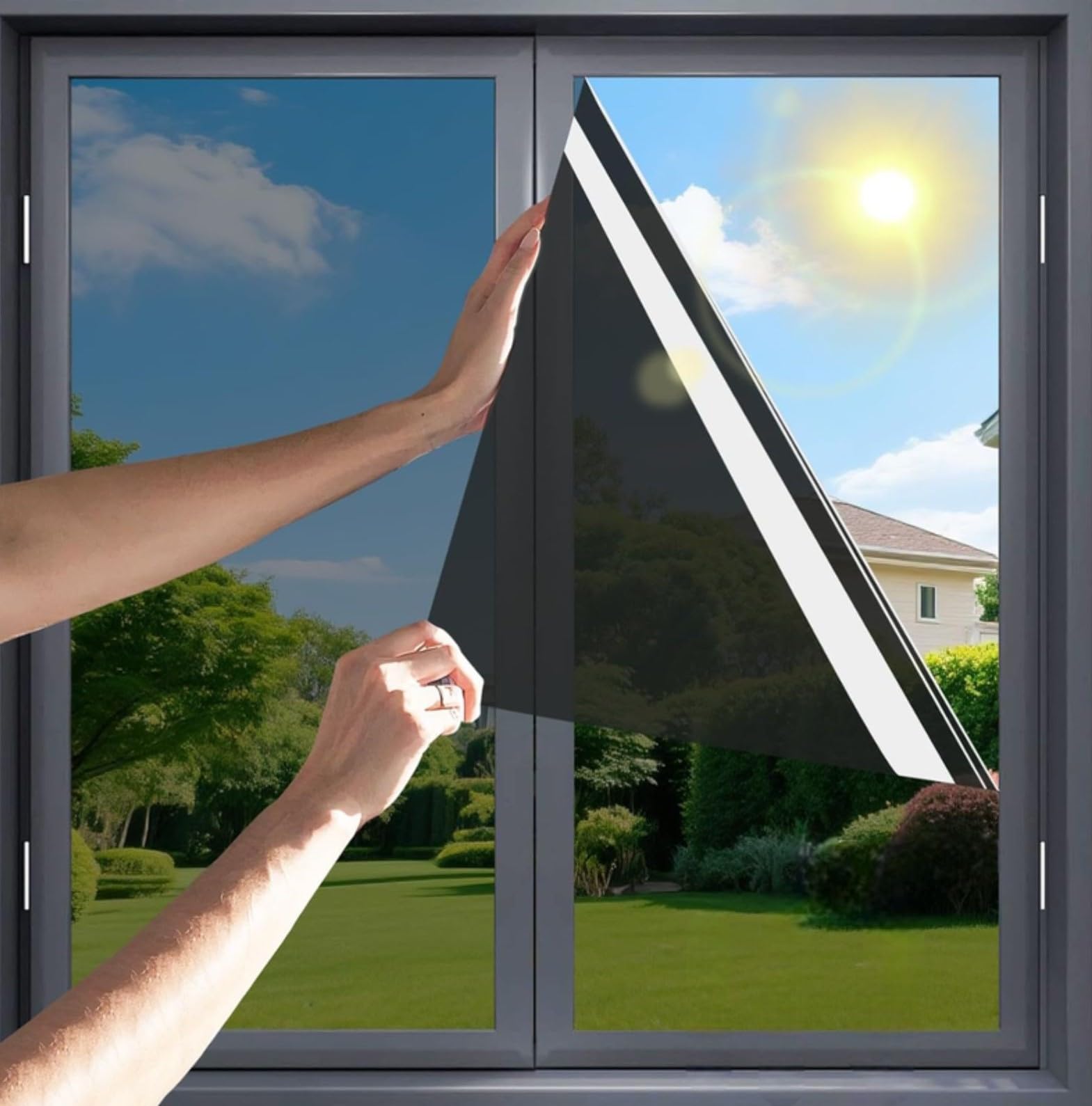 oneton one way black window privacy film, sun blocking anti uv heat control self adhesive removable door coverings sticker for home office (black film, 20x80 inch)