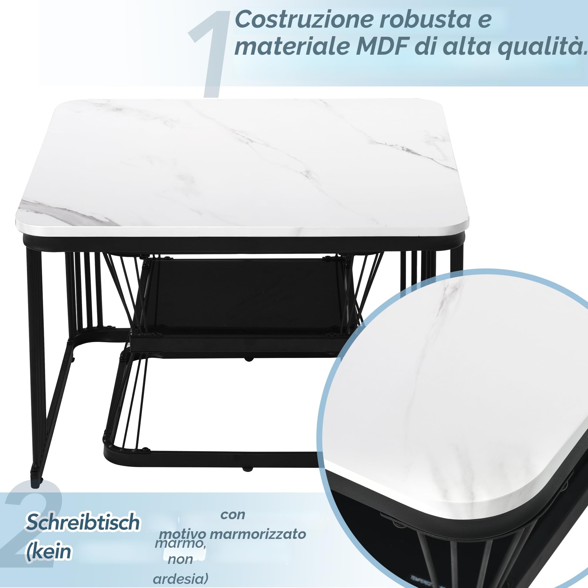 Merax Set di 2 Tavolini da Salotto, Alta lucentezza, per Soggiorno, Balcone e Ufficio, Struttura in Metallo, Bianco e Nero