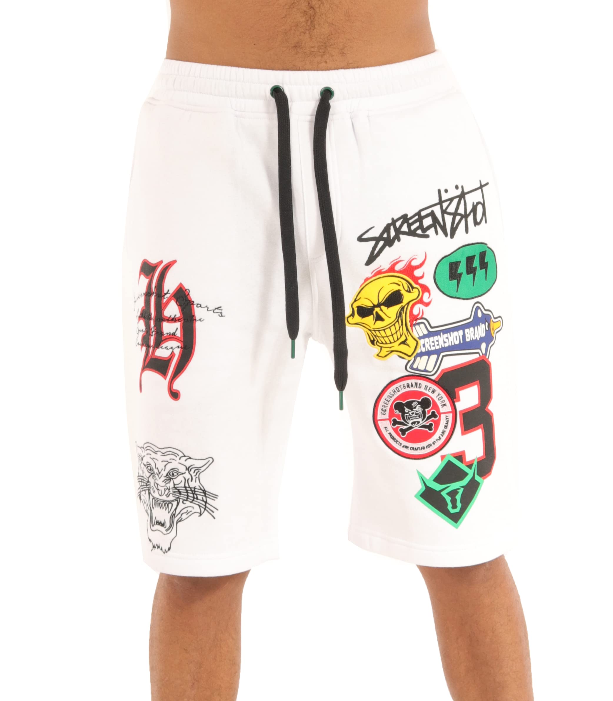 SCREENSHOT Mens Urban NYC Hip Hop Utility Fit Premium Fleece Shorts - Varsity Street Fashion SweatShorts Ribbed Wasteband