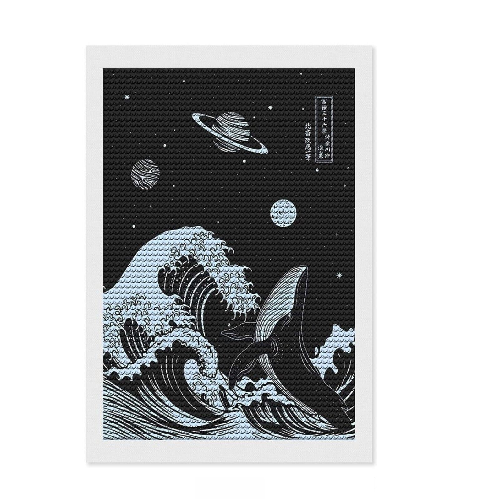 Junmoney Whale & Wave in Space Diamond Painting Set 8"x12", with Tool Kit, Office Decor, Creative Hobby, Fun Craft Activity, Winter Craft