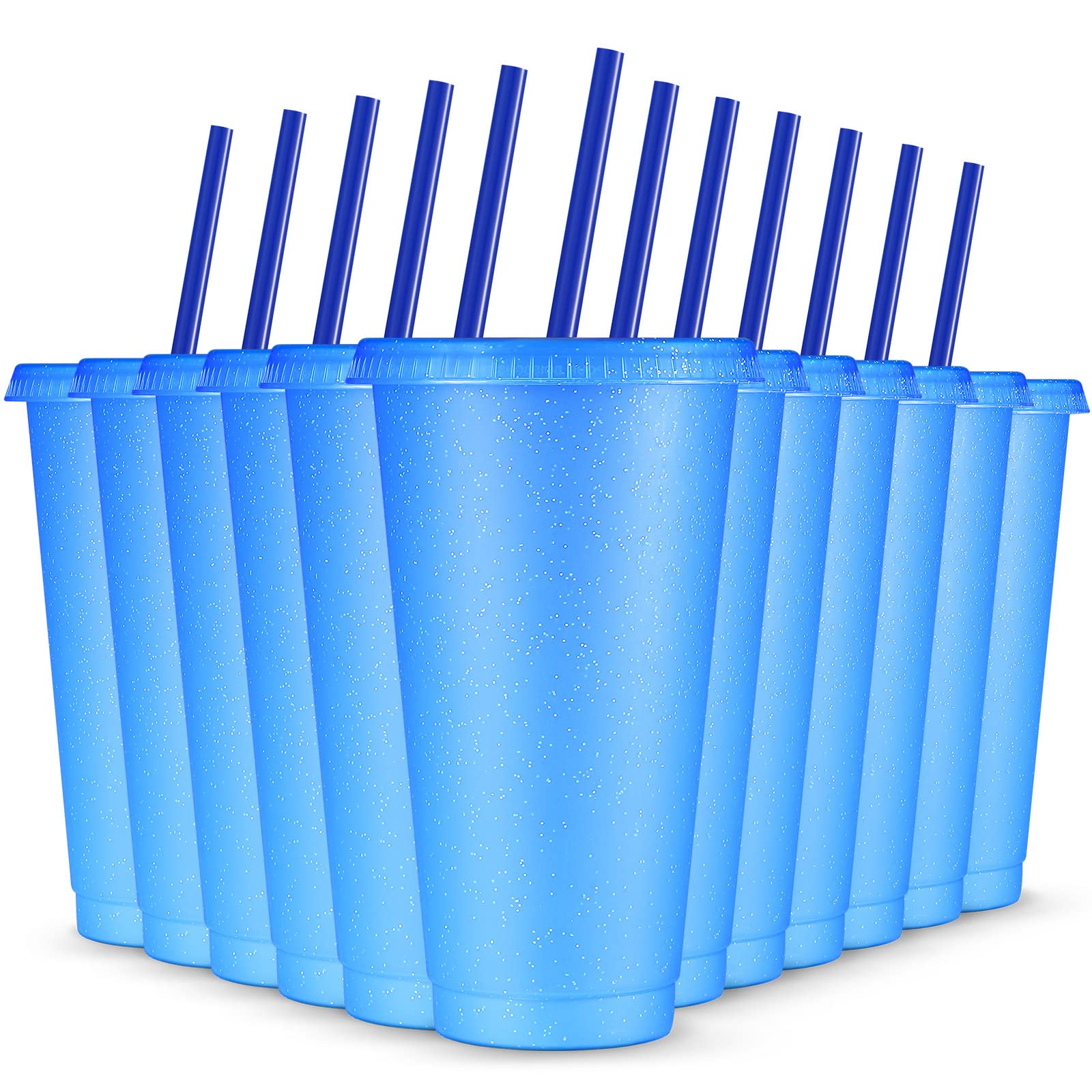 12 Pieces Reusable Cups with Lids and Straws 24 oz Glitter Iced Coffee Tumbler Plastic Travel Mug Cup for Smoothie Juices Parties Birthdays, Flamingo Party Bachelor Party (Blue)