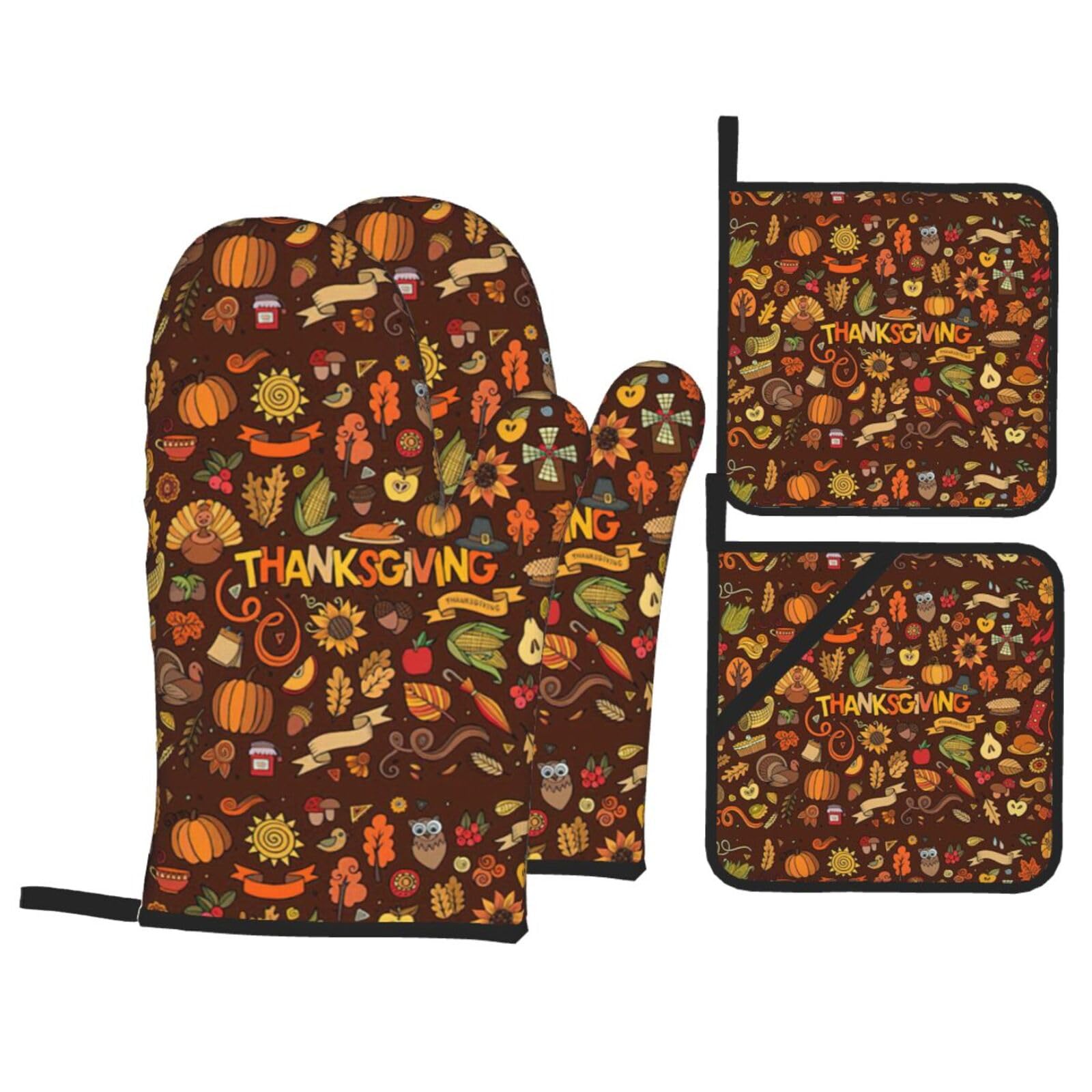Thanksgiving Print Kitchen Oven Mitts And Pot Holders Set,Hanging Loop Design For Cooking Baking Bbq